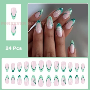 24 Chiếc Bấm Vào Đầu Móng Tay Bạc Hà Xanh Pháp Hoa Ombre Bóng Móng Tay Giả Cho Nữ Tự Nhiên Phù Hợp Với