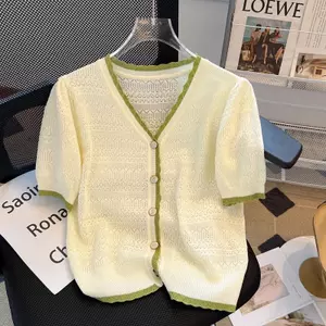 Cổ Chữ V Băng Lụa Dệt Kim Cardigan Tay Ngắn Top Nữ Béo mm Giảm Tuổi Mỏng Phong Cách Thời Trang Áo Sơ Mi Nhỏ 6.23