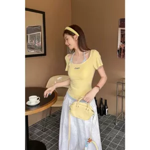 Áo thun ngắn tay vai giả hai mảnh màu vàng phong cách Hàn Quốc mùa hè dành cho nữ Sweet Hot Girl Slim-Fit Design Áo ngắn