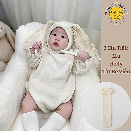 (HÀNG CÓ SẴN) Bodysuit Thỏ kèm mũ tặng kèm tất Be Viền cover Hàn Quốc cho bé gái từ 4-14kg, body, vải mềm mại cao cấp