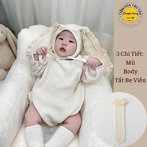 Bodysuit Thỏ kèm mũ tặng kèm tất Be Viền cover Hàn Quốc cho bé gái từ 4-14kg, body, vải mềm mại cao cấp