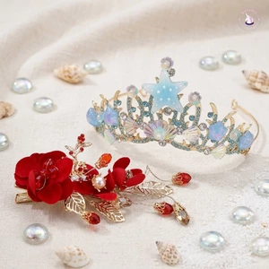 Kẹp tóc hoa cho trẻ em và Bộ vương miện công chúa Sequin-Starfish Phụ kiện tóc chủ đề đại dương phản quang với lò xo kim loại an toàn cho bé gái Trình diễn sân khấu Vai trò hóa trang và
