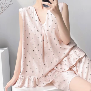 Bộ đồ ngủ không tay hoa dành cho nữ có miếng đệm ngực cho dáng rộng vừa vặn mặc ngoài trời trong nhà hàng ngày tại nhà thường ngày Lễ giải trí mùa hè dịp