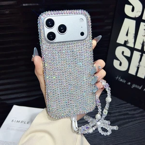 Ánh Sáng Sang Trọng Màu Hồng Bạc Full Kim Cương Thích Hợp Cho 17promax Vỏ Điện Thoại Dây iPhone16 / 15 Đơn Giản 14 Độc Đáo 13 Nữ