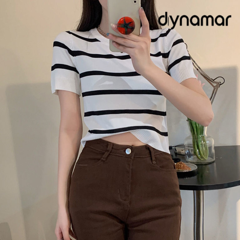 【dynamar】Áo thun ngắn tay dệt kim kẻ sọc tương phản màu sắc dành cho nữ, thiết kế mùa hè, kiểu dáng ôm sát.