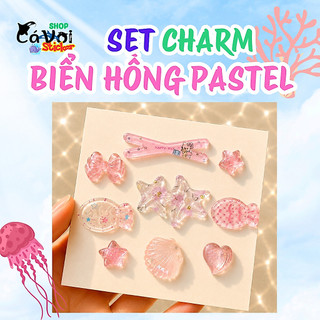 [ĐỘC QUYỀN]  Set Charm Biển Hồng Pastel Trong Suốt Sao Biển Vỏ Sò Trái Tim Nơ Dễ Thương Phụ Kiện Trang Trí Dép Sandal