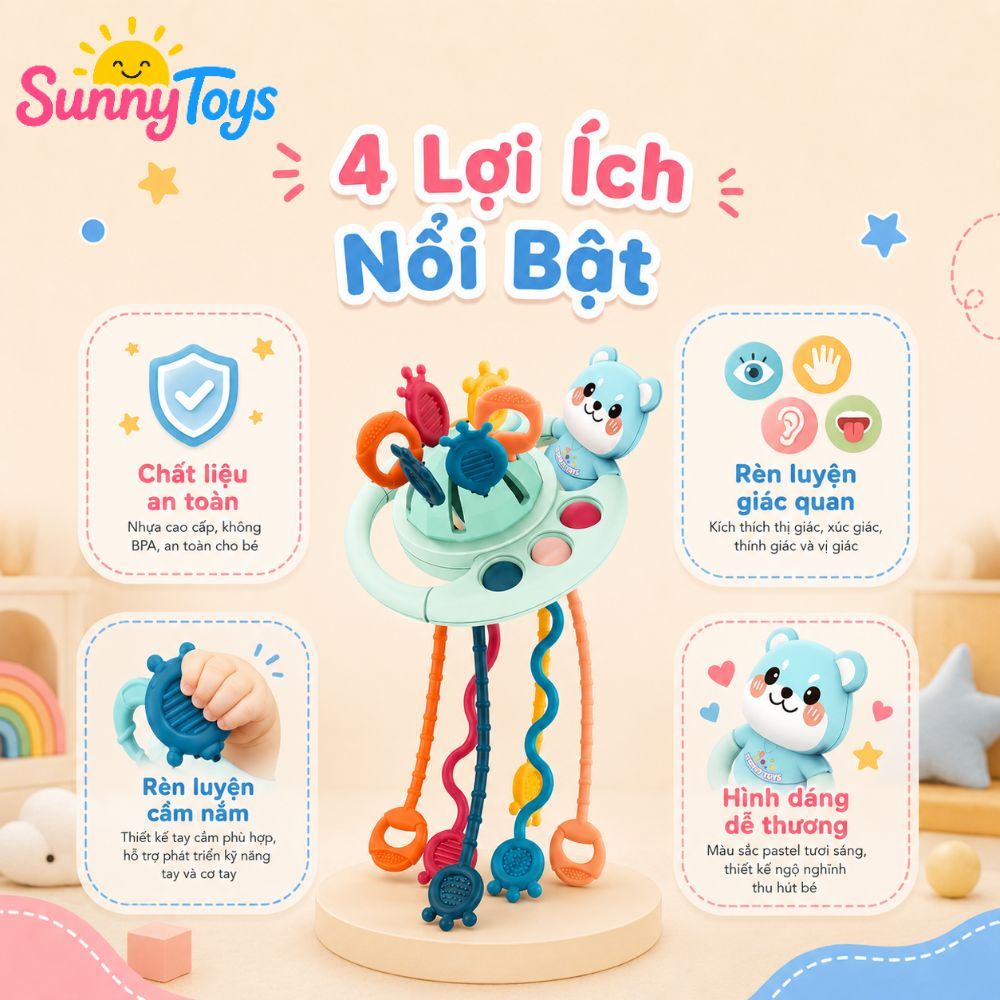 Đồ Chơi Gặm Nướu Gấu Rút Dây SunnyToys - Cầm Tay Cho Bé Khám Phá Phát Triển Kỹ Năng Cho Bé