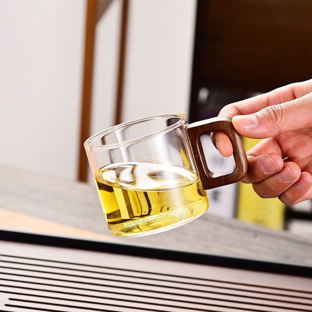 ✨Bộ tách trà thủy tinh Borosilicate cao có tay cầm bằng gỗ Cách nhiệt Chống bỏng 120ml Cốc trà nhỏ gia đình