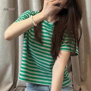 JULYHOT Áo Croptop Nữ Mùa Hè, Tay Ngắn Cổ Tròn Sọc Phản Quang Thời Trang