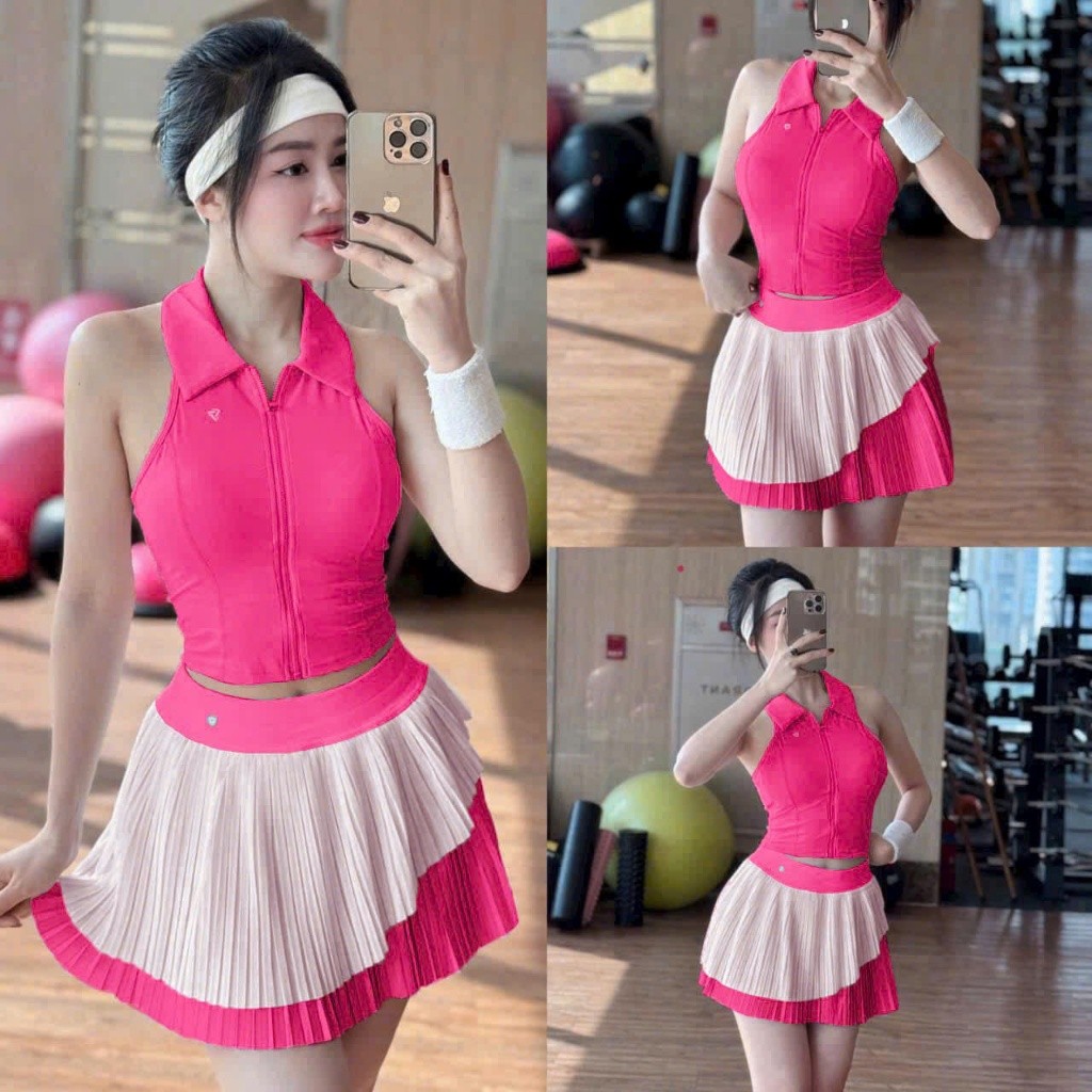 [HÀNG MỚI VỀ] Bộ thể thao nữ, Áo sẵn mút đúc kéo khoá váy phối lưới  QCCC tập Gym, nhảy, pickleball, tennis (có tách lẻ)