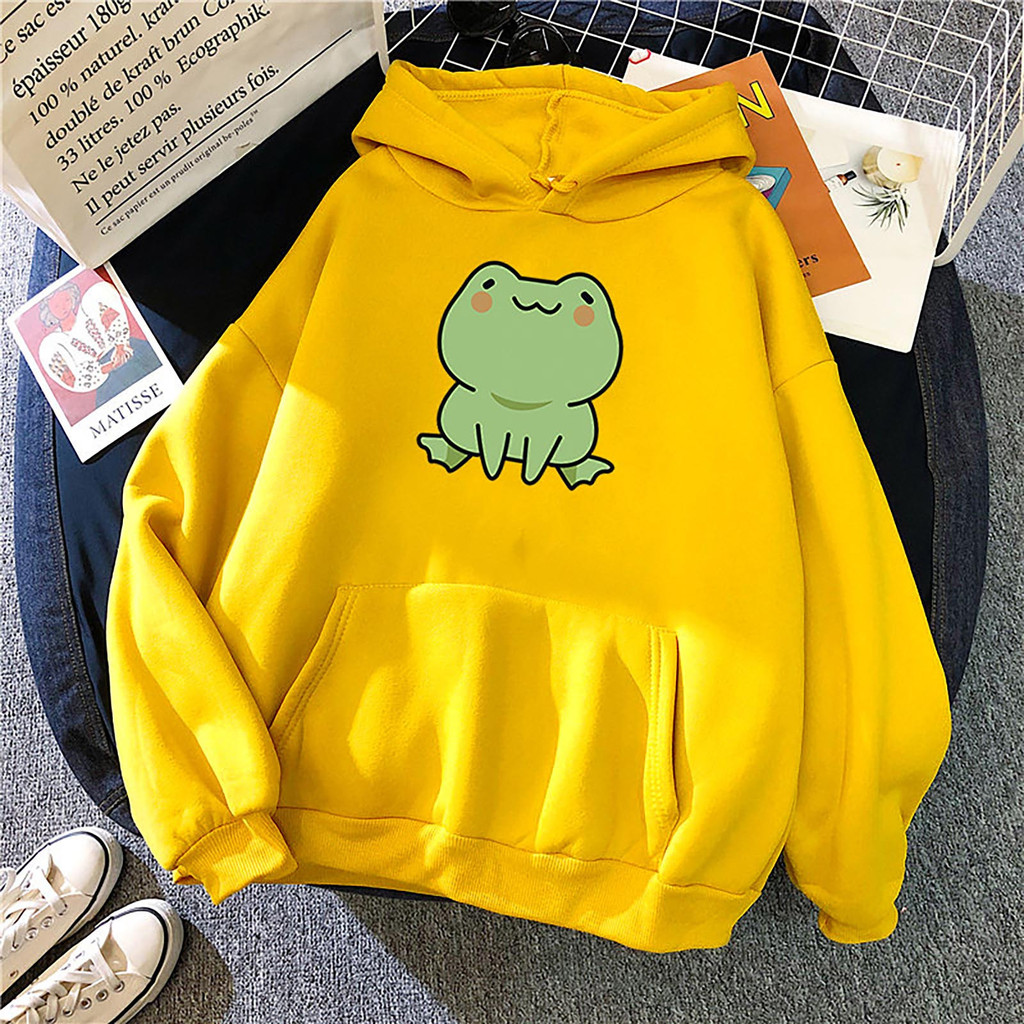 Áo hoodie nữ dài tay có mũ trùm đầu, thiết kế in hình ếch đáng yêu, phù hợp mùa thu
