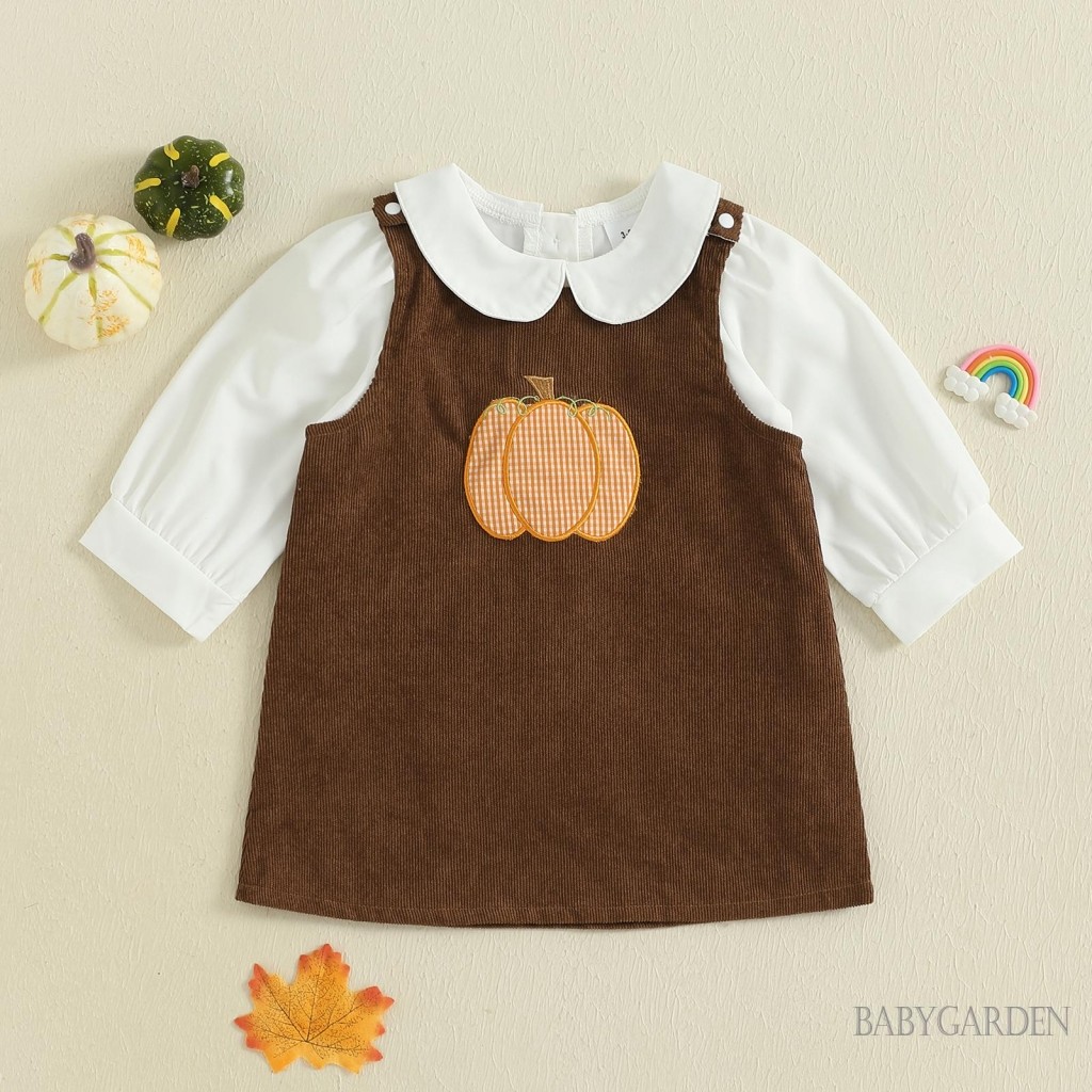 Bộ trang phục Halloween cho bé gái mới biết đi Áo sơ mi dài tay cổ búp bê và váy thêu bí ngô