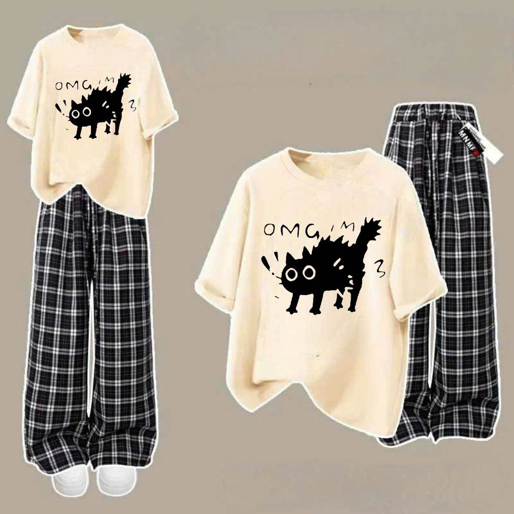 Sét bộ quần ống rộng kẻ caro đen bản to +mix áo phông form rộng tay lỡ- mèo OMG