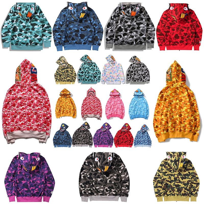 Bape Zip-Up Áo Khoác Nam Nữ Họa Tiết Cá Mập, Thích Hợp Dạo Phố