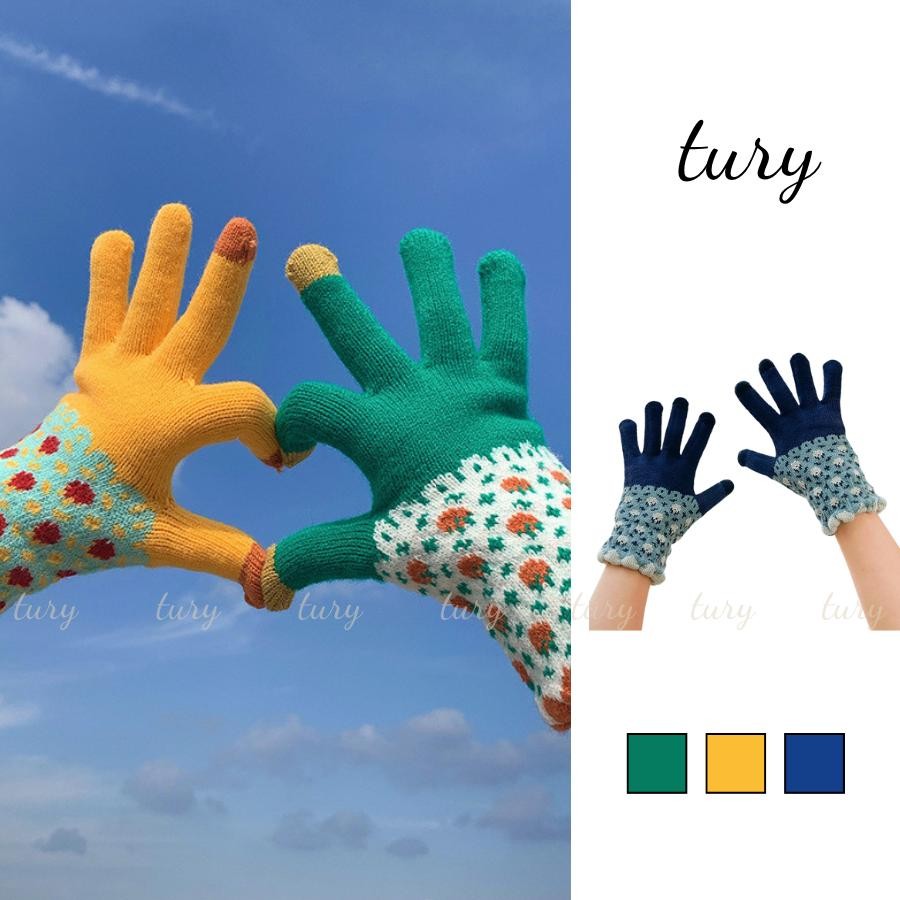 Găng tay len Nam Nữ Unisex - Tury - Bao tay len phối cổ hoa chạm màm hình điện thoại cảm ứng - GT003