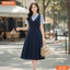 Đầm thiết kế BEMINE cổ sơ mi giả yếm phối sọc dáng chữ A phù hợp đi làm-B138