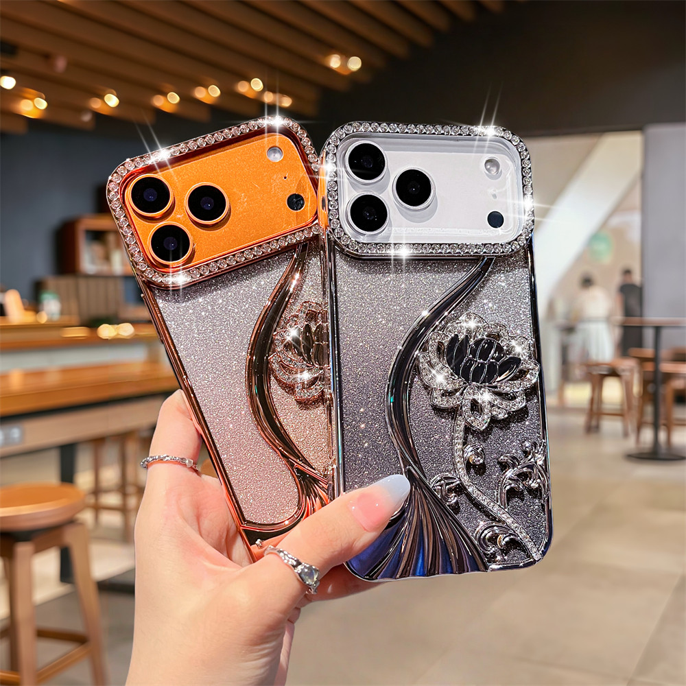 Flash Diamond Lotus TPU Ốp Lưng Điện Thoại iPhone 17 Pro Max Air 16 12 13 14 15 Pro Max 16 plus Ống Kính Bảo Vệ Camera Vỏ Chống Sốc TPU Vỏ Mềm Vỏ Bảo Vệ Điện Thoại