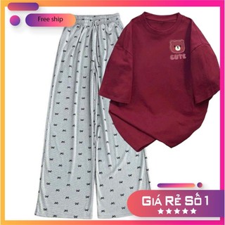 Bộ sét quần rộng hoạ tiết nơ  cạp chun+và áo phông gấu hồng chữ CUTE trẻ trung, sành điệu unisex-THUBA