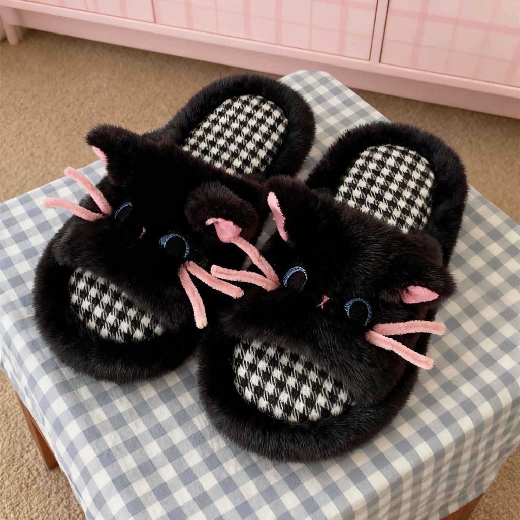 XIXITIAO Dép Cotton Nhỏ Đen Catwoman Thu Đông Phong Cách Mới Đế Mềm Thoải Mái Sinh Viên Trong Nhà