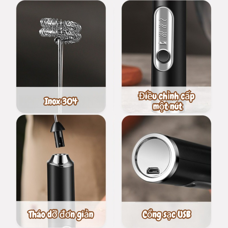 Máy tạo bọt sữa cà phê và máy đánh trứng Chất liệu inox 304 3 cấp điều chỉnh Kiểu sạc qua cổng USB