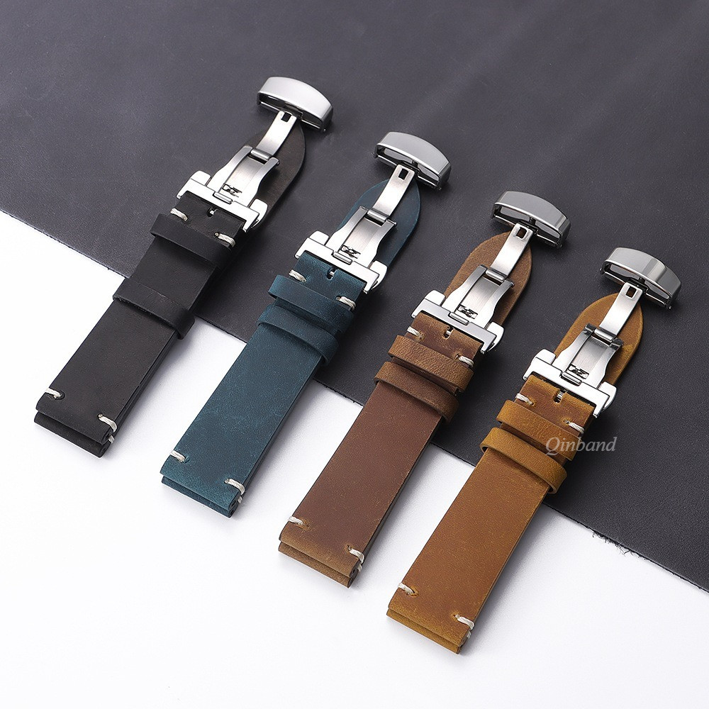 Khóa Bướm - Dây Đeo Đồng Hồ Da Thật Chính Hãng Sáp Dầu Vintage 18 / 20 / 21 / 22 / 24mm Mờ Mờ Ngựa Điên Da Bò Dây Đeo Đồng Hồ Vòng Tay Nam Nữ