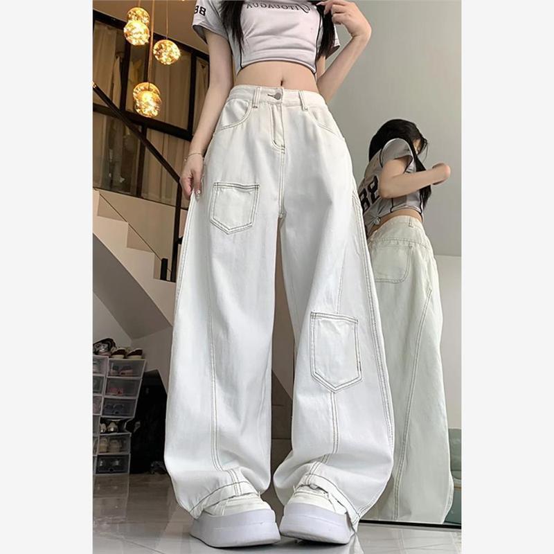 American High Street Thiết Kế Trắng Sense Machete Jeans Nữ Thu Đông Phong Cách Mới Rời Ôm Hơn Nhìn Cao Cấp Ống Rộng Lau Quần