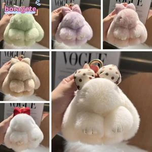 BORAGETE Pompoms Bow Rabbit Mặt dây chuyền, Móc khóa búp bê thỏ lông tơ hoạt hình sang trọng, Búp bê nhồi bông thời trang treo túi trang trí Phụ kiện túi mặt dây chuyền