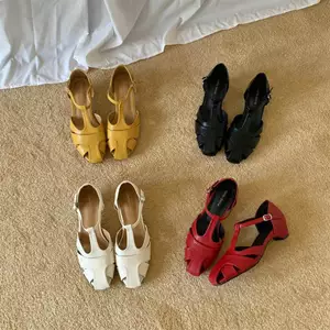 TT Rỗng Dép Nữ Da Thật Đế Bằng Dây Dày Gót Rỗng Túi Gót Chân Đơn Giày Tính Khí Thời Trang Nửa Dép