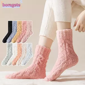 Tất Cotton BORAGETE, Tất nhung san hô màu trơn mùa đông, Tất sàn mềm mại mềm mại dày dặn cho nữ