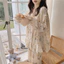 Đồ Ngủ Quần Dài Tay Ren Cardigan Ngọt Ngào Bong Bóng Nhăn Đồ Mặc Nhà Nữ Bộ Hai Chiếc