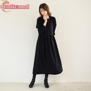 Váy một mảnh dài tay mùa thu đông cho bé gái Váy chui đầu dài xoay lớn phiên bản Váy một mảnh hẹp phong cách Nhật Bản Váy dài dáng rộng sàn @ -