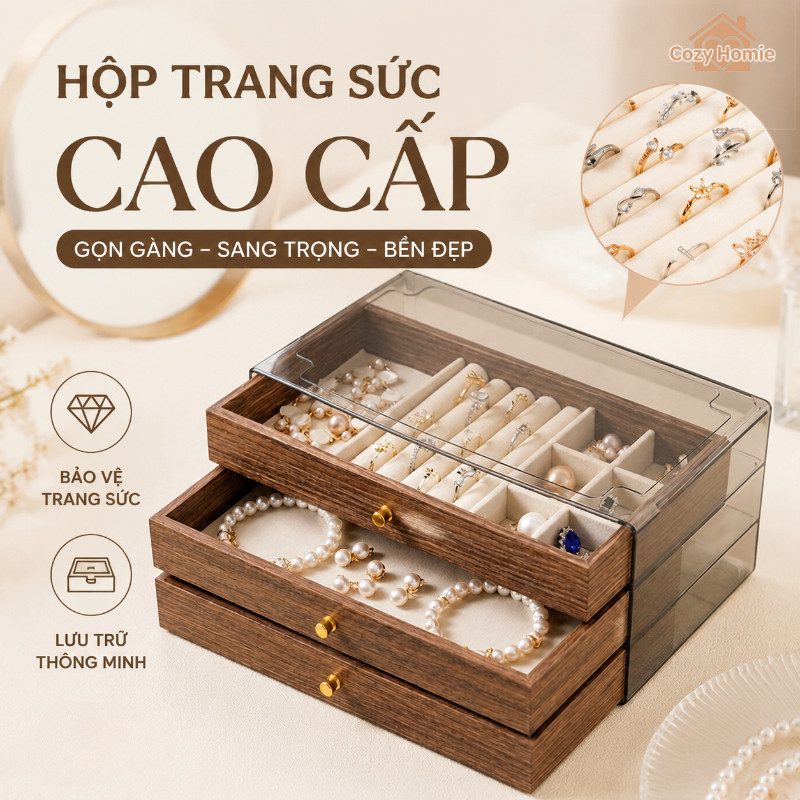 Hộp trang sức gỗ óc chó có khóa chống bụi lưu trữ nhiều lớp bảo vệ trang sức cho bàn làm việc