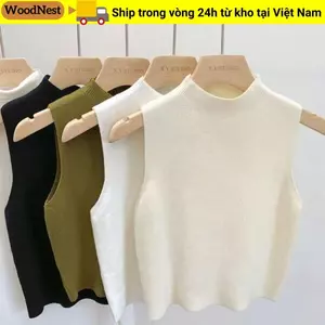 Áo Vest dệt kim WOODNEST, Áo tăng béo màu trơn, Áo hai dây nửa cổ tròn không tay thời trang dành cho nữ