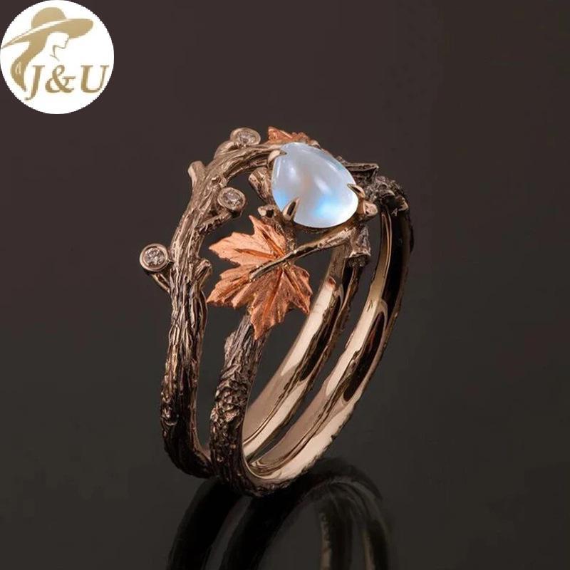 JU Vintage Cổ Vàng Twig le Lá Kim Cương Giả Nhẫn Nữ Cô Gái Ánh Sáng Sang Trọng Nhẫn Phụ Kiện Trang Sức Kỷ Niệm Quà Tặng VN