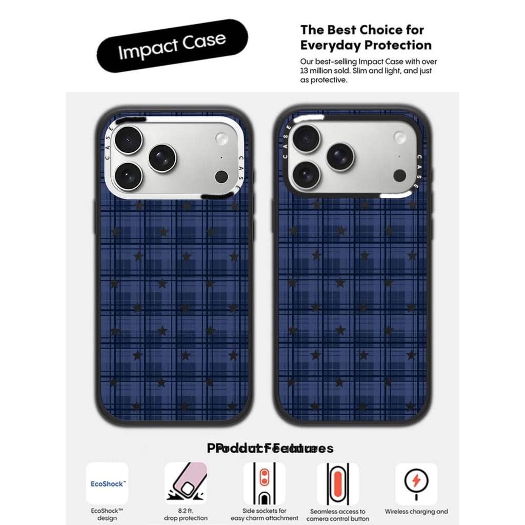 CASECASE X Blue Checker Star Case White Camera Ring Edition Matte Đen Cứng Hút Từ Tính Tác Động Dành Cho Apple IPhone 13 14 15 16 17 Pro Max Air Plus Có Hộp