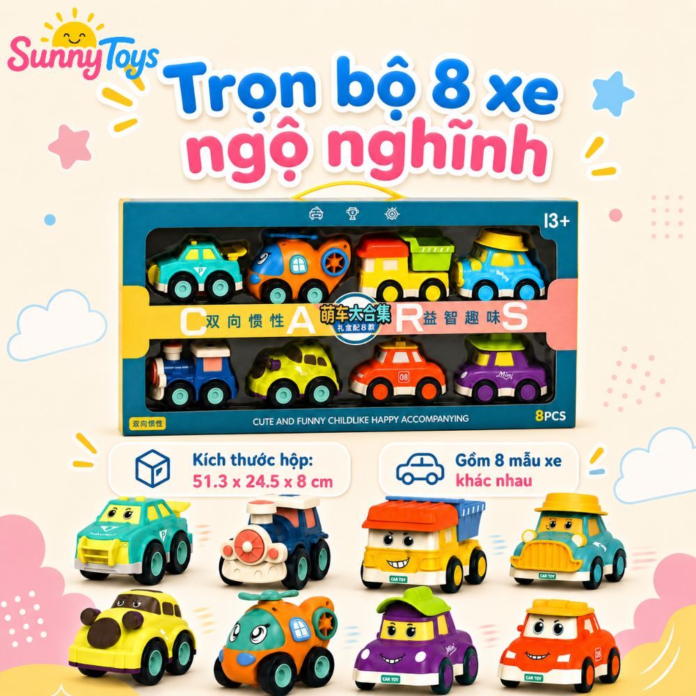Set 8 Xe Cảnh Sát Quán Tính Không Dùng Pin SunnyToys - Bộ Ô Tô Mini Hoạt Hình Cho Bé Chơi Vui