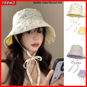 Mũ xô YRBWD, Mũ chống nắng buộc dây chống nắng mùa hè, INS Retro Văn học hai mặt Mũ nữ đa năng Du lịch ngoài trời
