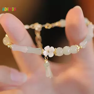 < Honeyba > Vòng tay đính cườm bằng tre cổ điển phong cách Trung Quốc dành cho nữ Vòng tay hoa quyến rũ thời trang Bạn gái Phụ kiện trang sức Quà tặng Đẹp