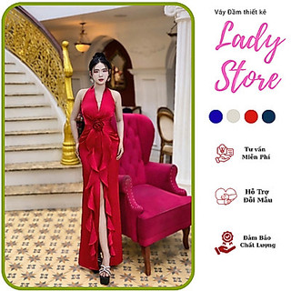 Dạ hội phi lụa có dây ở cô có kèm bông ở eo M054