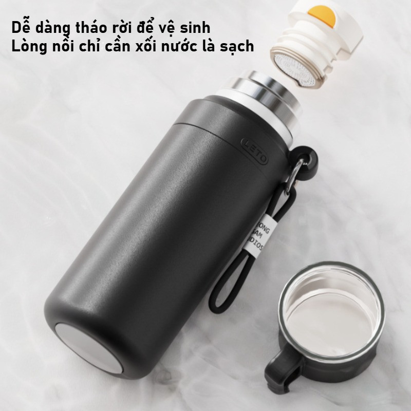 Bình giữ nhiệt 316L cao cấp, kèm cốc trà, dung tích 1000/800ml, màu đen/trắng, chống rò rỉ, giữ nóng/lạnh