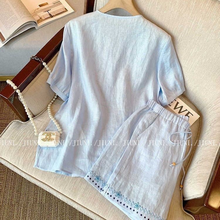 Bộ trang phục thời trang cao cấp cho giới trẻ mùa hè, áo sơ mi hoa xanh ngọt ngào