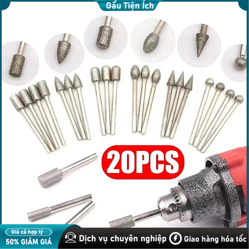 Mũi Mài Kim Cương Cốt 3mm – 20 Chiếc Mài Dũa Tinh Xảo Cho Gỗ, Đá, Thủy Tinh