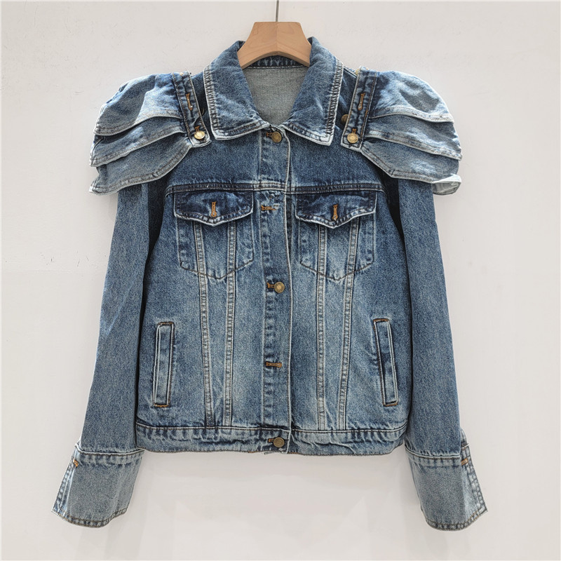 Áo khoác denim nữ retro phong cách Anh Quốc, thiết kế xếp nếp, phù hợp cho mùa mới