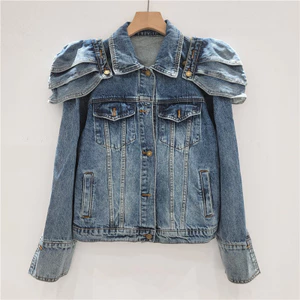 Áo khoác denim nữ retro phong cách Anh Quốc, thiết kế xếp nếp, phù hợp cho mùa mới