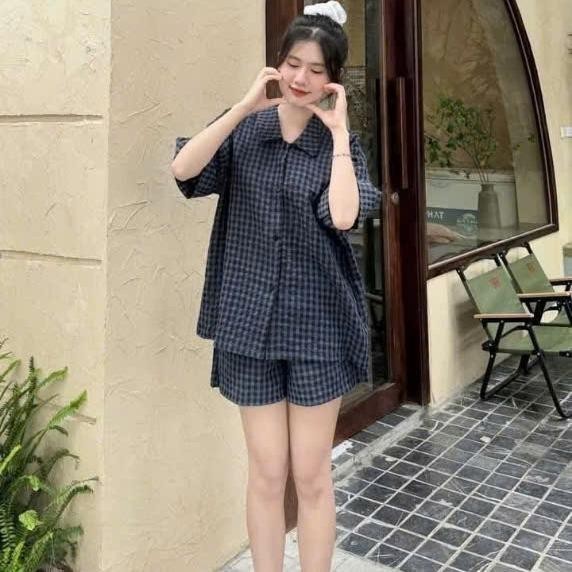 Set Đồ Bộ Piijama Caro Áo Ngắn Tay Kèm Quần Đùi Chất Cotton Dày Dặn Mát Mẽ ( Tặng Kèm Charm) -PJ009