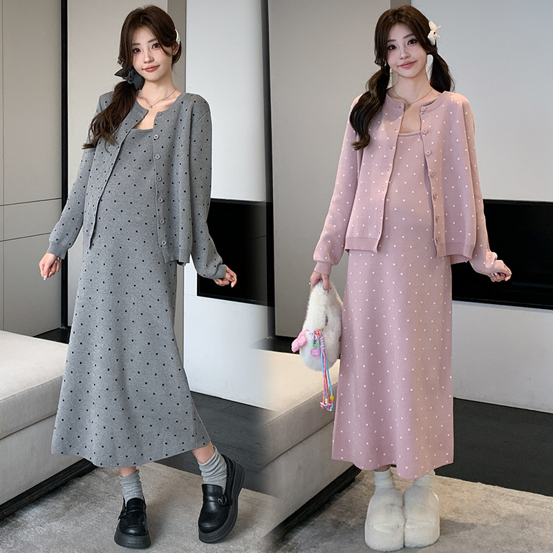 Bộ đồ bà bầu hai mảnh mùa thu, phong cách lười biếng và thời trang Hàn Quốc, váy dệt kim tiện lợi.
