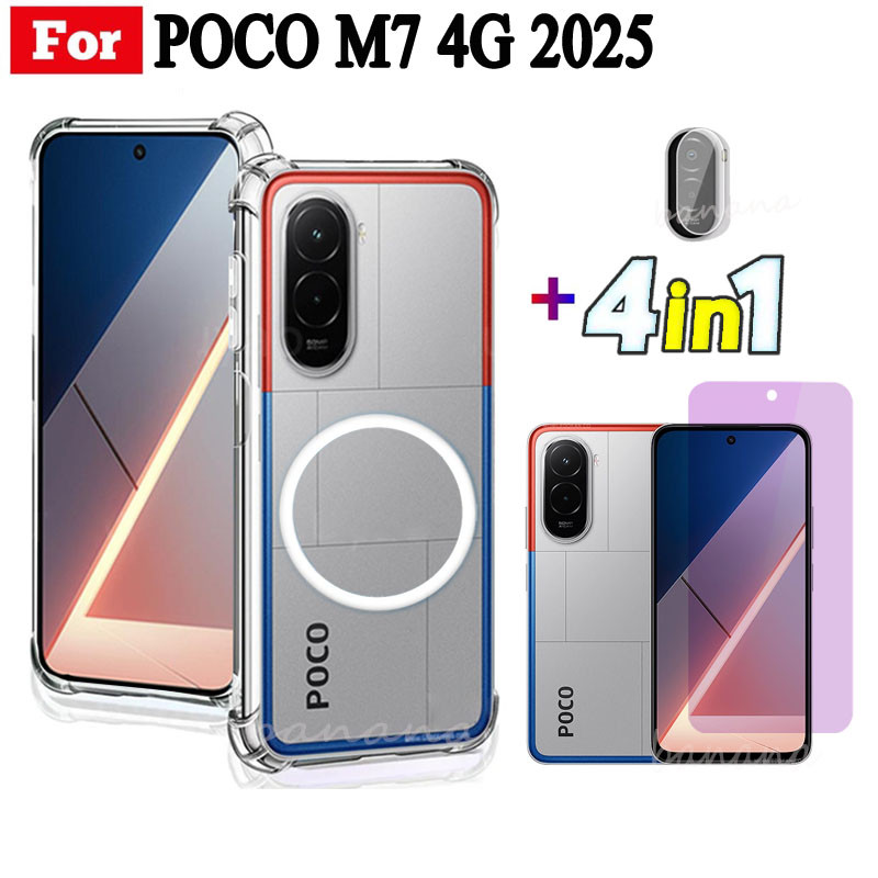 Ốp điện thoại chống sốc TPU trong suốt Xiaomi Poco M7 4G có thanh sạc không dây từ tính cho Poco C85 C75 Kính cường lực bảo mật chống gián điệp + Phim ống kính