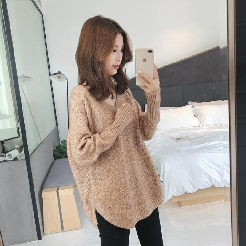 Áo sơ mi dệt kim cổ thấp cho bà bầu mùa thu