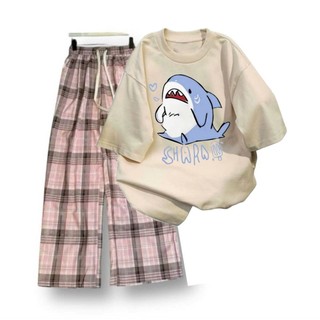 Sét đồ quần ống rộng quần kẻ caro hồng+ kết hợp áo phông form rộng unisex thời thượng cá mập-