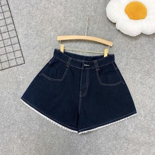 Quần đùi jean bigsize nữ lưng cao phối ren xinh  xắn cho nữ chubby màu xanh denim đậm dễ phối đồ- Q565